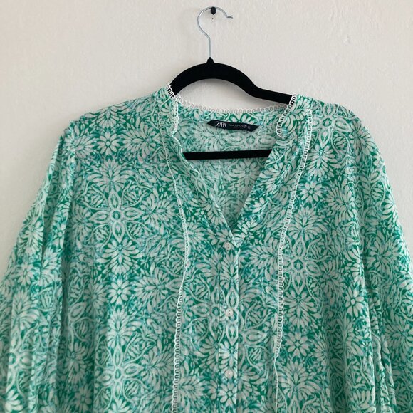 ZARA Boho Long Sleeve Dress Green Button Front Floral Festival Hippie Size XL - Picture 2 of 9